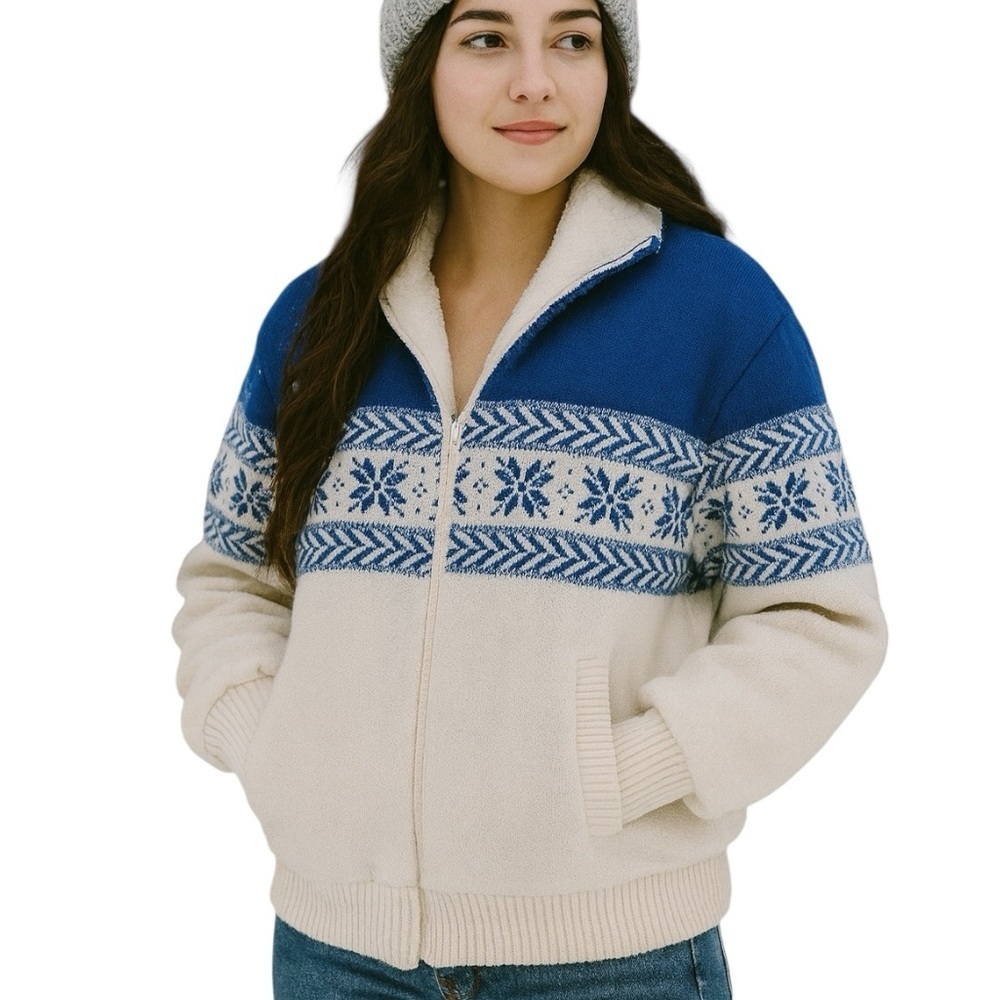 Vintage Fingerhut Fashions Large Blue White Fair Isle Cozy Thick Zip Up Jacket